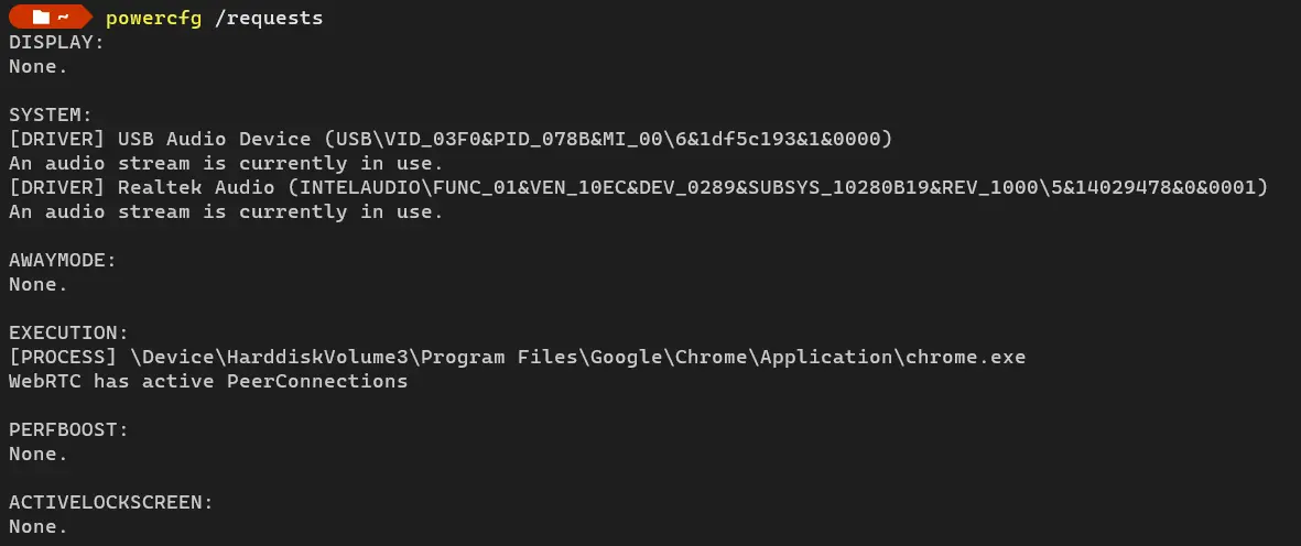 “powercfg /requests output for Google Meet”